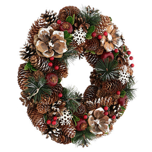 Advent wreath with pinecones, red berries and snow effect, 34 cm 3