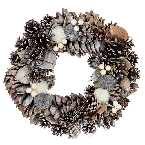 Advent wreath with pinecones and pom-poms 30 cm 1