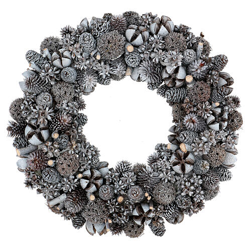 Couronne Noël pommes de pin fruits secs paillettes blanches 25 cm 1