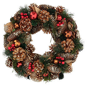 Christmas wreath with berries, pinecones and golden glitter 35 cm