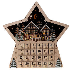 Wooden Advent calendar, star-shaped, with lights and music box, 40x40x10 cm
