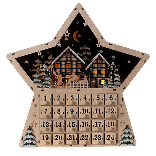Wooden Advent calendar, star-shaped, with lights and music box, 40x40x10 cm 1