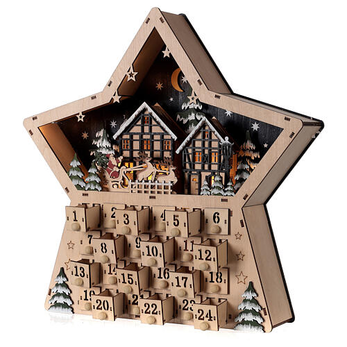 Wooden Advent calendar, star-shaped, with lights and music box, 40x40x10 cm 2