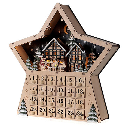 Wooden Advent calendar, star-shaped, with lights and music box, 40x40x10 cm 4