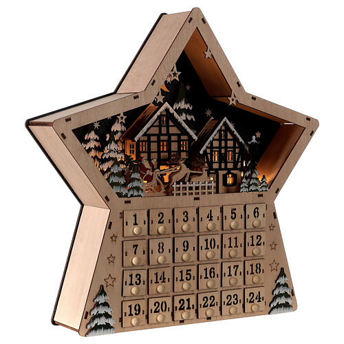 Wooden Advent calendar, star-shaped, with lights and music box, 40x40x10 cm 5