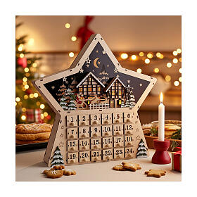 Calendario de Adviento madera estrella luz carillón 40x40x10 cm