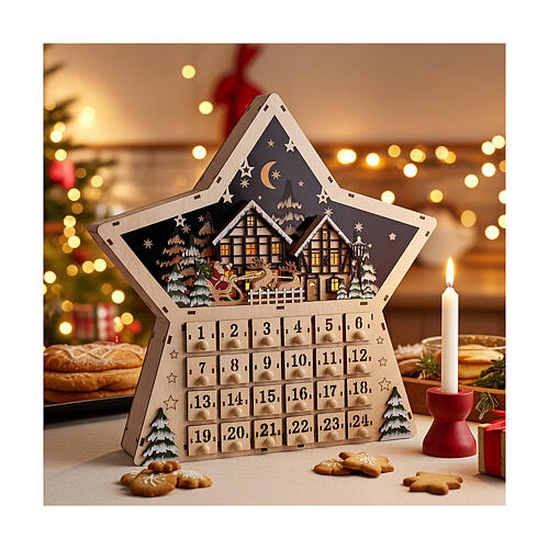 Calendario dell'Avvento legno stella luce carillon 40x40x10 cm 2