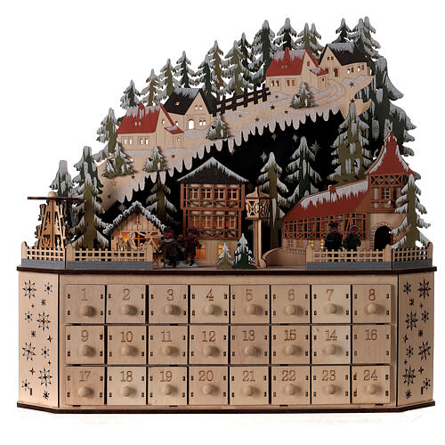 Wooden Advent calendar with mountain village, lights and music box, 45x45x15 cm 1