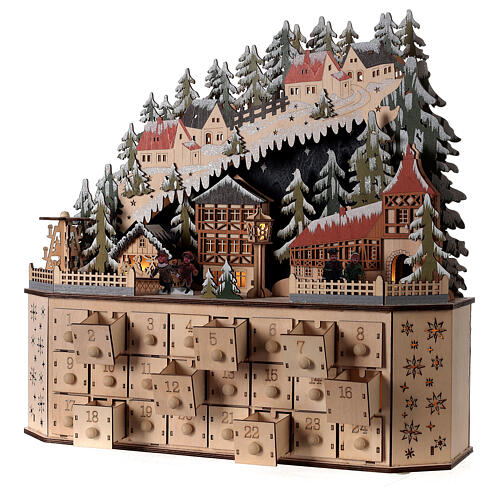 Wooden Advent calendar with mountain village, lights and music box, 45x45x15 cm 2