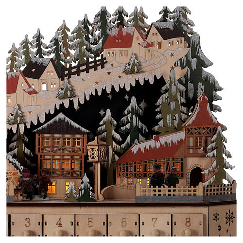 Wooden Advent calendar with mountain village, lights and music box, 45x45x15 cm 3