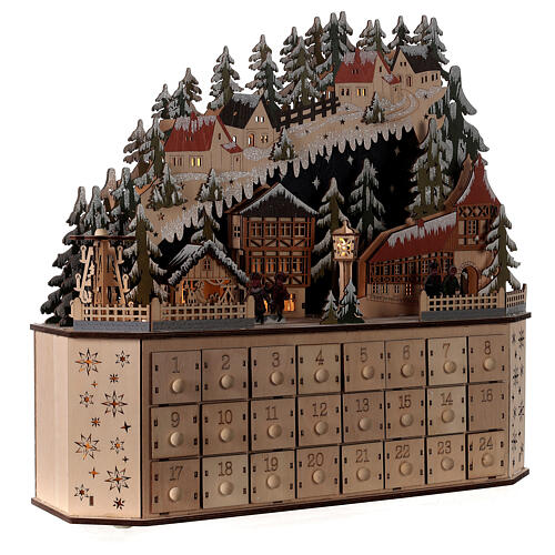 Wooden Advent calendar with mountain village, lights and music box, 45x45x15 cm 4