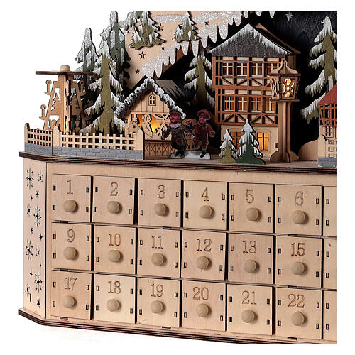 Wooden Advent calendar with mountain village, lights and music box, 45x45x15 cm 5