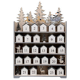 Advent calendar, Santa on his sleigh, grey wood, 10x16 in