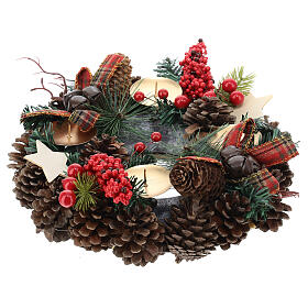 Advent wreath with pinecones, bells and candleholders 12 in