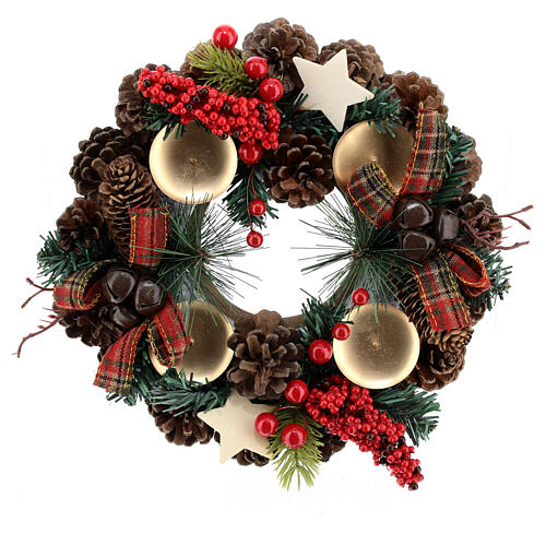 Advent wreath with pinecones, bells and candleholders 12 in 3