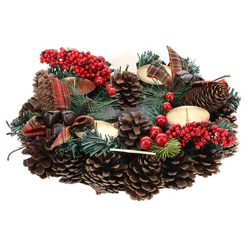 Advent wreath with pinecones, bells and candleholders 12 in 4