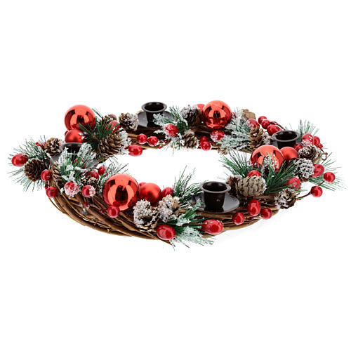 Advent wreath with red balls, snowy pinecones and fir tips 12 in 1