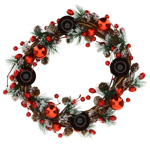 Advent wreath with red balls, snowy pinecones and fir tips 12 in 3