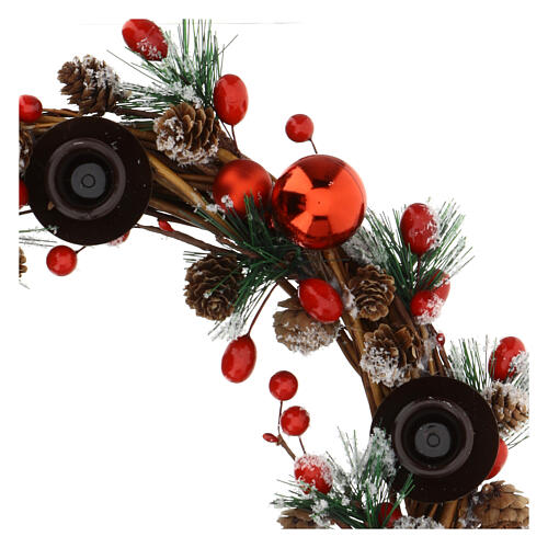 Advent wreath with red balls, snowy pinecones and fir tips 12 in 4