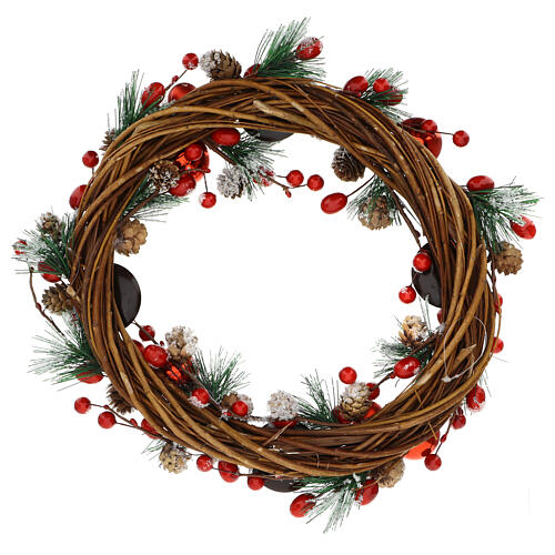 Advent wreath with red balls, snowy pinecones and fir tips 12 in 5