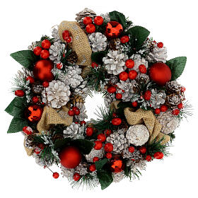 Advent wreath with white pinecones, leaves and red balls 14 in