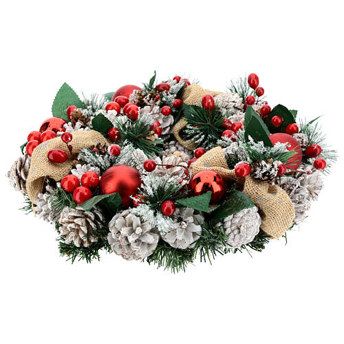 Advent wreath with white pinecones, leaves and red balls 14 in 3