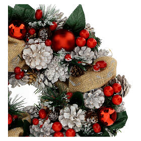 Advent wreath white pine cones leaves red spheres 35 cm