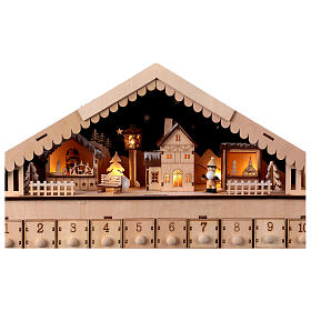 Wooden Advent calendar, snowy house, 16x20x4 in