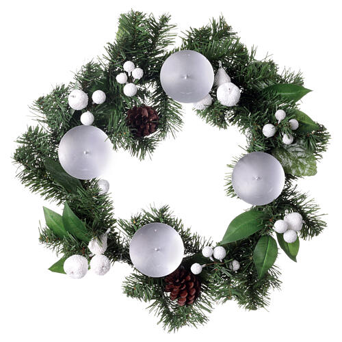 Advent wreath with white berries and pinecones, 14 in 1