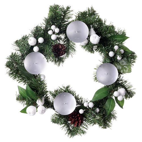 Advent wreath kit with polished candles, white berries and pinecones, 8x2.5 in 2