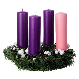 Advent wreath with 8x2.5 in mat candles, white berries and pinecones