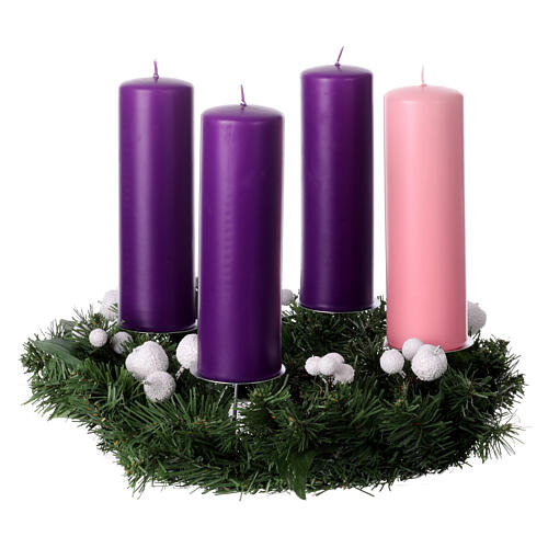 Advent wreath with 8x2.5 in mat candles, white berries and pinecones 1
