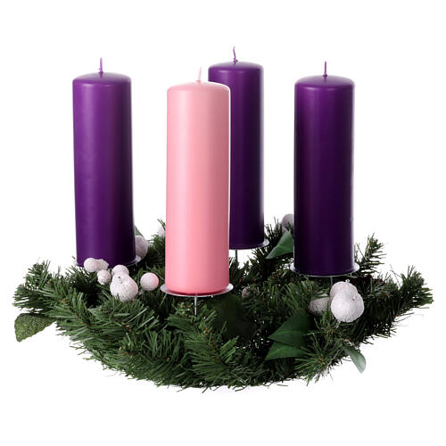 Advent wreath with 8x2.5 in mat candles, white berries and pinecones 4