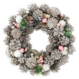 Advent wreath with pink Christmas balls and pinecones, white finish, 14 in