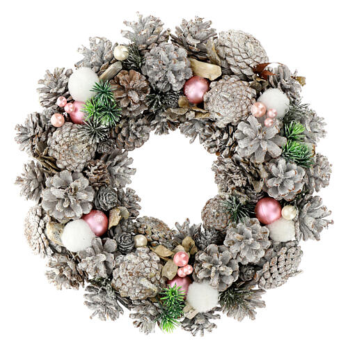 Advent wreath with pink Christmas balls and pinecones, white finish, 14 in 1