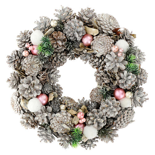 Corona Adviento 35 cm bolitas rosas detalles blancos piñas 1