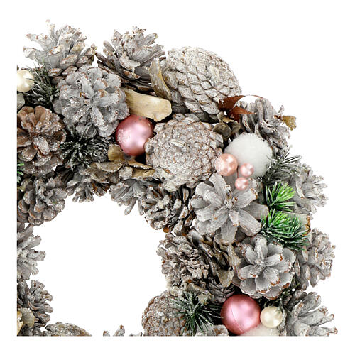 Corona Adviento 35 cm bolitas rosas detalles blancos piñas 3