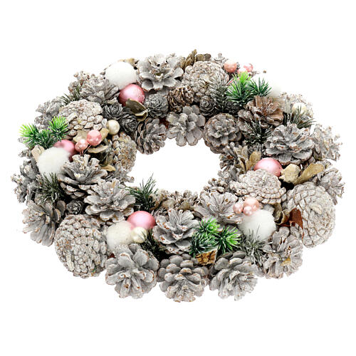 Corona Adviento 35 cm bolitas rosas detalles blancos piñas 4