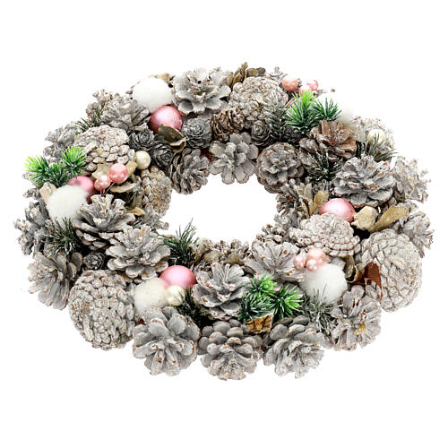 Advent wreath 35 cm pink balls white finish pine cones 3