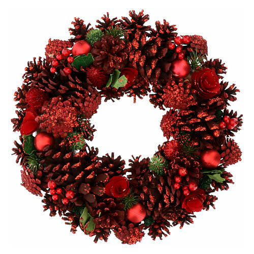 Red glitter Advent wreath with pinecones, berries and flowers, 14 in 1