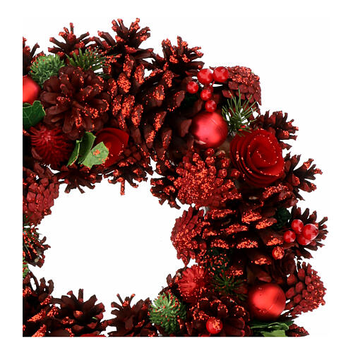 Red glitter Advent wreath with pinecones, berries and flowers, 14 in 2