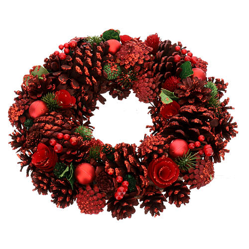 Red glitter Advent wreath with pinecones, berries and flowers, 14 in 3