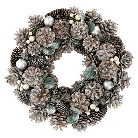 White and silver Advent wreath with pinecones and glitter, 14 in