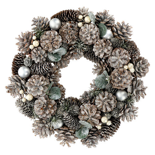 White and silver Advent wreath with pinecones and glitter, 14 in 1
