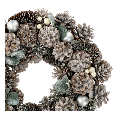 White and silver Advent wreath with pinecones and glitter, 14 in 2