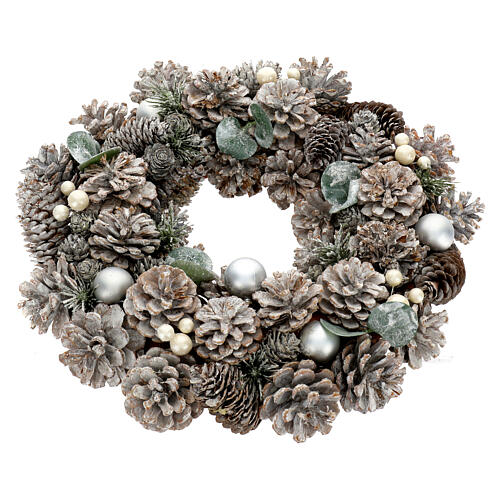 White and silver Advent wreath with pinecones and glitter, 14 in 3