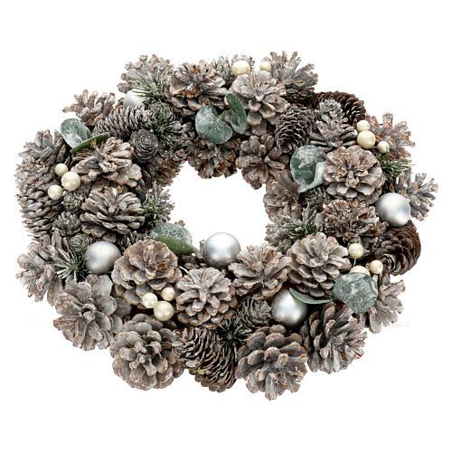 Corona Adviento blanca plata purpurina piñas 35 cm 4
