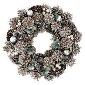 Corona Avvento bianca argento glitterata pigne 35 cm