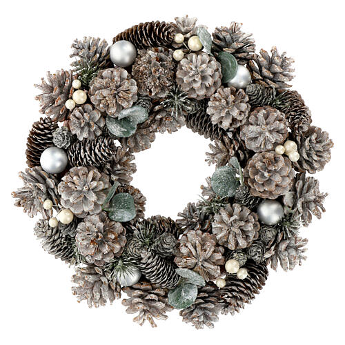 Corona Avvento bianca argento glitterata pigne 35 cm 1