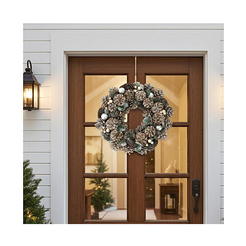 Corona Avvento bianca argento glitterata pigne 35 cm 2